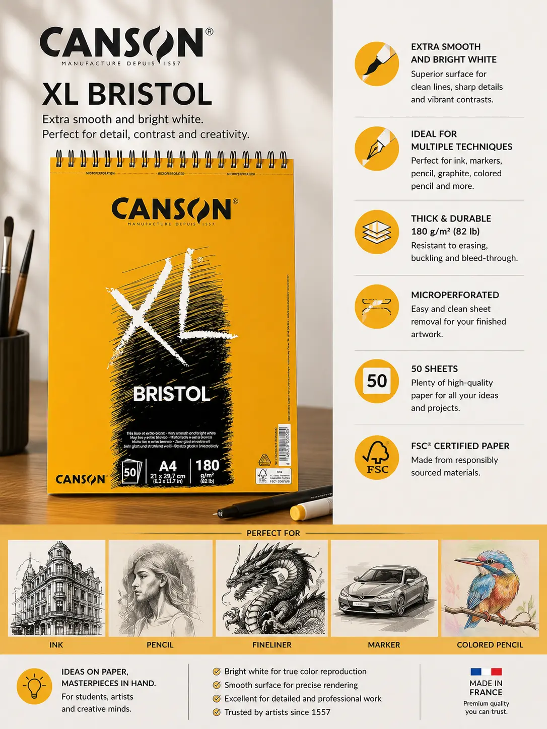 2fc431b2-4095-4f4d-ba10-003c2feea1fc Canson XL Bristol A4 sketchpad, 50 sheets 180gsm smooth bristol paper for ink, pencil, fineliner, markers, colored pencils | Sky Rye Design Canson XL Bristol A4 sketchpad, 50 sheets 180gsm smooth bristol paper for ink, pencil, fineliner, markers, colored pencils