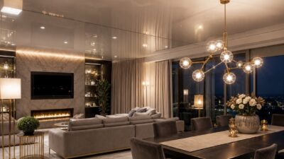 Open-plan living and dining room with a satin stretch ceiling in warm evening light.