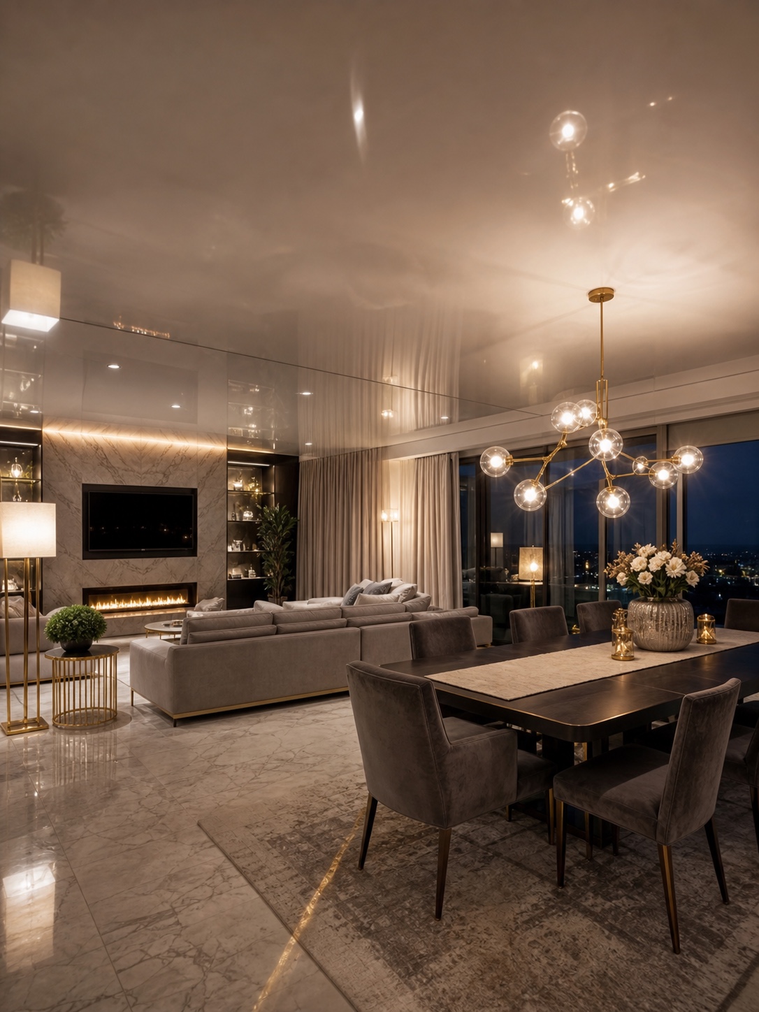 Open-plan living and dining room with a satin stretch ceiling in warm evening light.