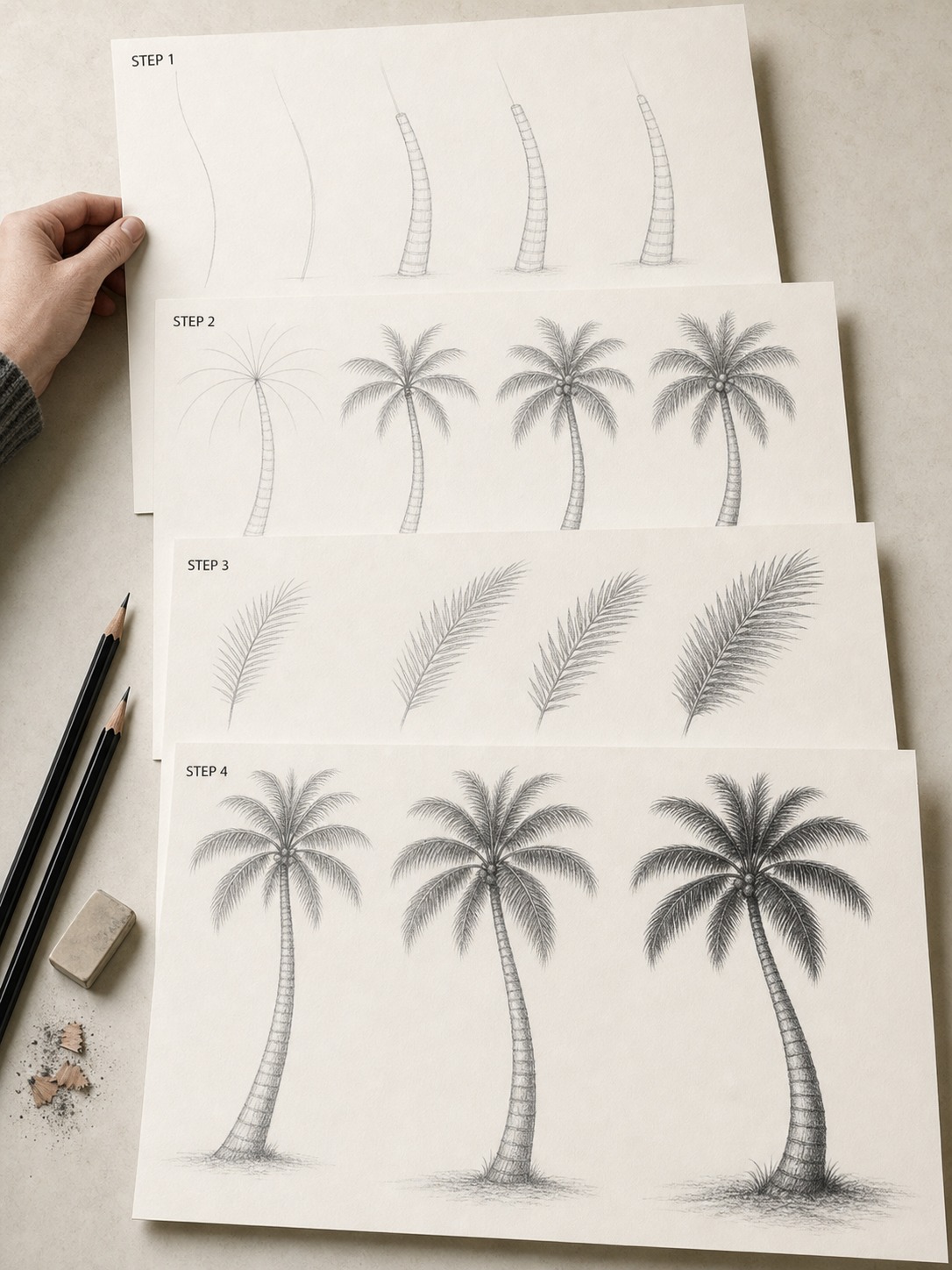 Flat lay of the complete palm tree drawing process across four overlapping sheets