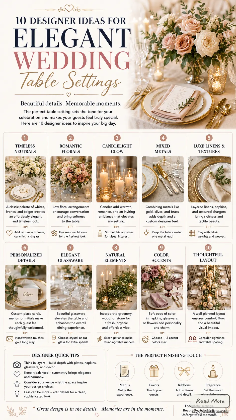 Elegant wedding table settings infographic: 10 designer ideas with florals, candlelight, mixed metals