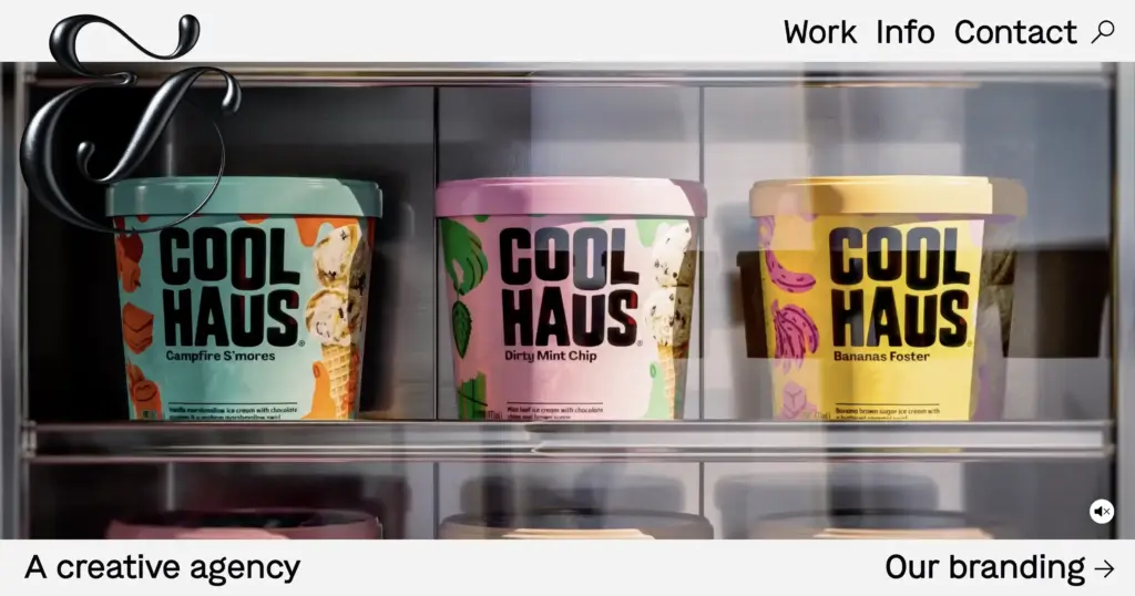 Three Coolhaus ice cream pints in a freezer, flavors Campfire S'mores, Dirty Mint Chip, and Bananas Foster, side by side.