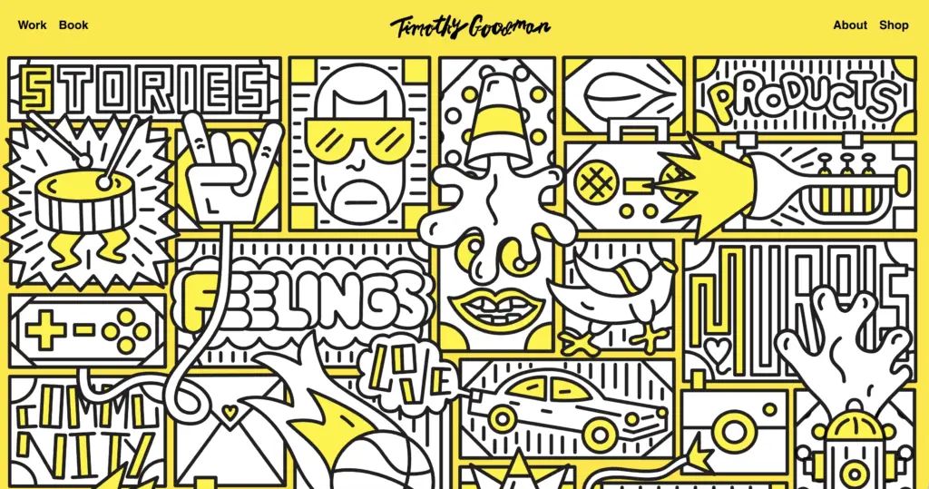 Bold yellow, black and white illustrated mural collage of icons and words (Stories, Products, Feelings) for creative portfolio