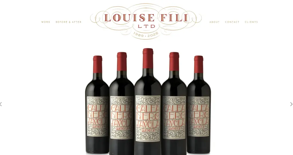 Five red-capped wine bottles with ornate vintage labels beneath Louise Fili LTD logo — wine label packaging design