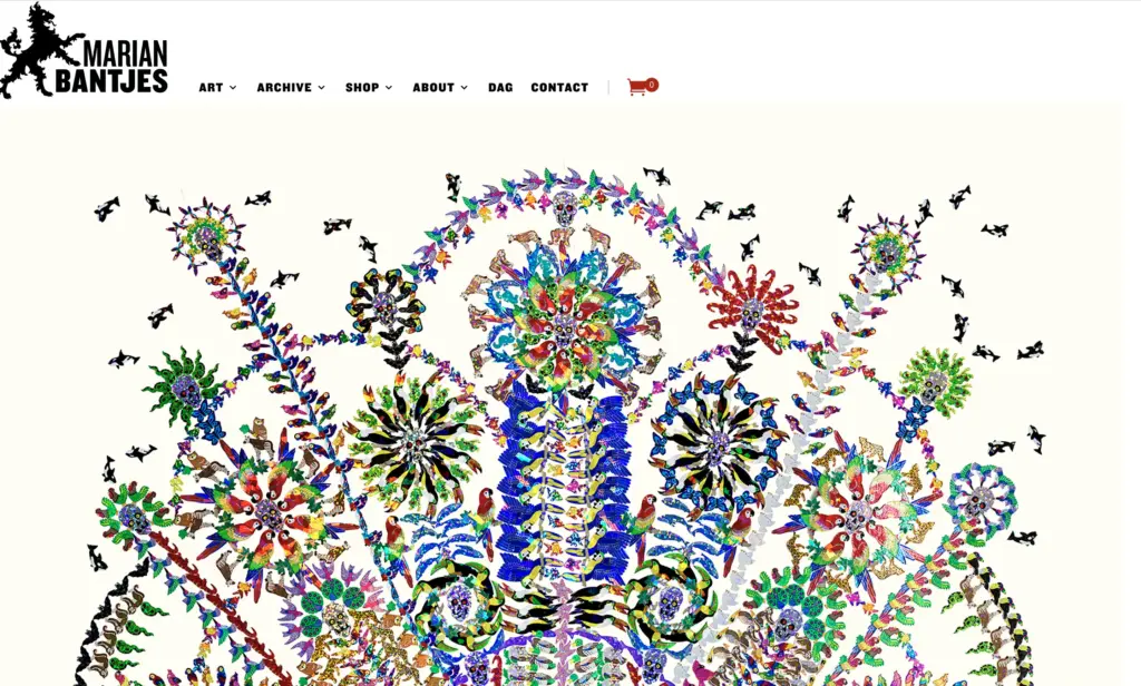 Marian Bantjes artwork: intricate colorful mandala of birds, butterflies and animals forming floral patterns on white