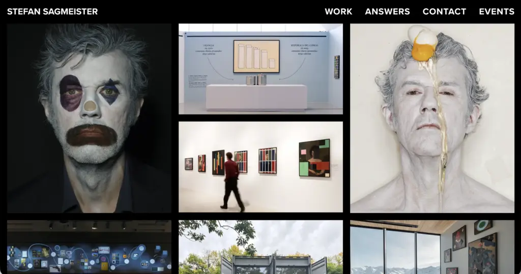 Gallery collage: left portrait with clown makeup, center gallery installation, right portrait with an egg dripping down the face.
