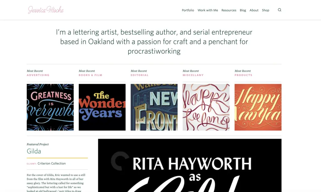 Lettering artist portfolio homepage with large tagline, navigation menu and five colorful typographic project thumbnails.