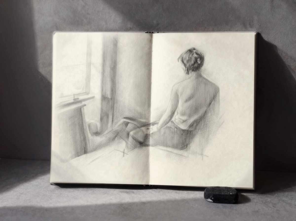Study lighting for architectural figure drawing Sketchbook lighting study of a figure near a window with cast shadows across walls and floor. | Sky Rye Design Sketchbook lighting study of a figure near a window with cast shadows across walls and floor.