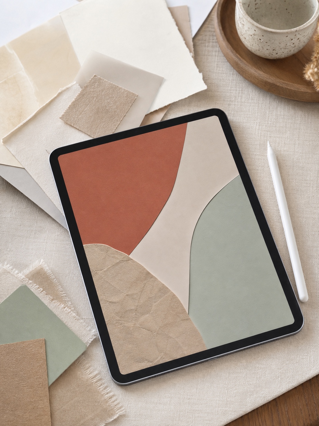 iPad wallpaper aesthetic cover - Customizing Your Own Wallpaper Tablet displaying an abstract color-block design on a neutral workspace with fabric swatches and a white stylus nearby. | Sky Rye Design Aesthetic iPad wallpaper cover for customizing your own wallpaper, with a clean modern composition and no text.