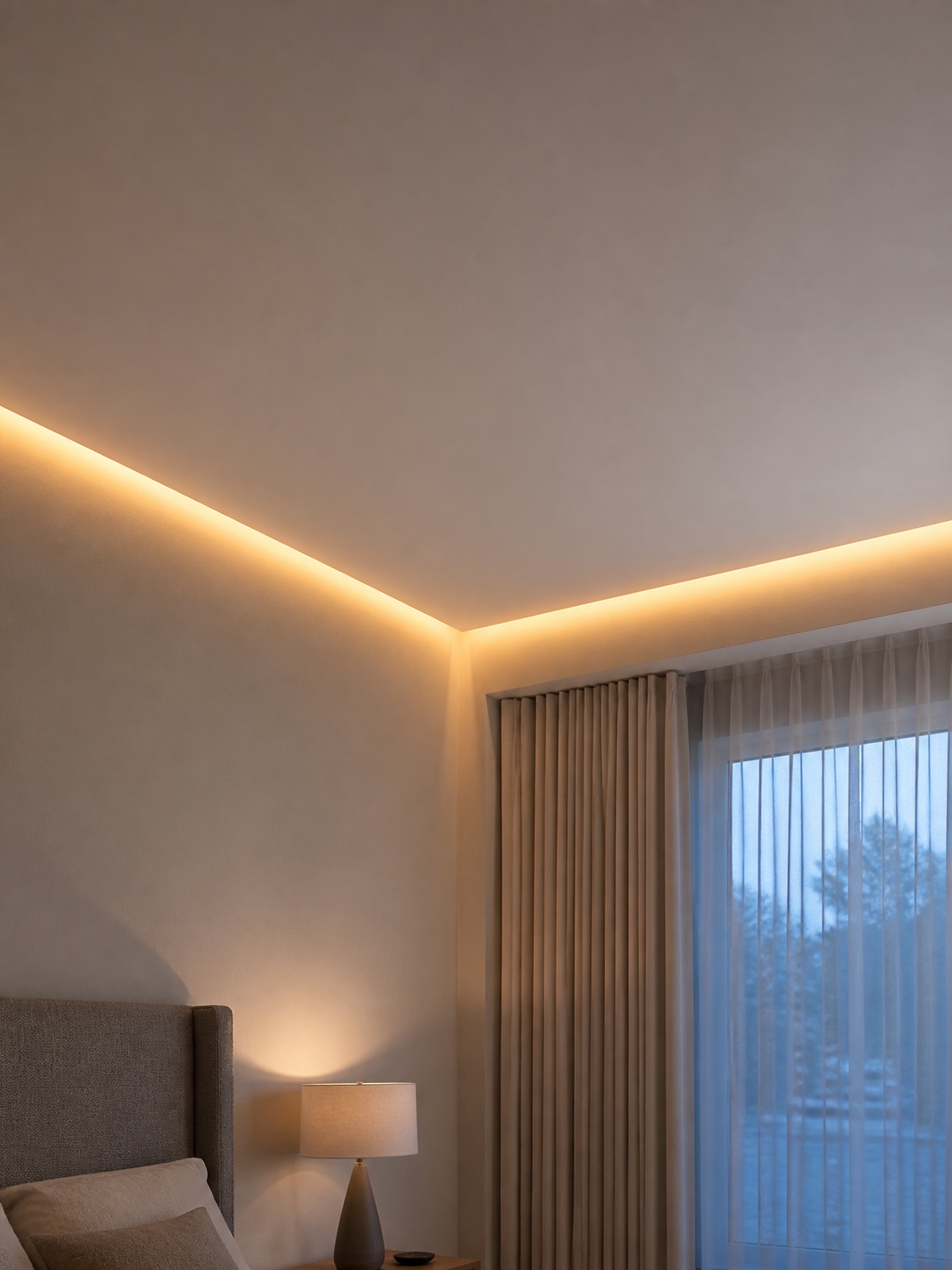 Matte white stretch ceiling with recessed LED cove lighting in a bedroom.