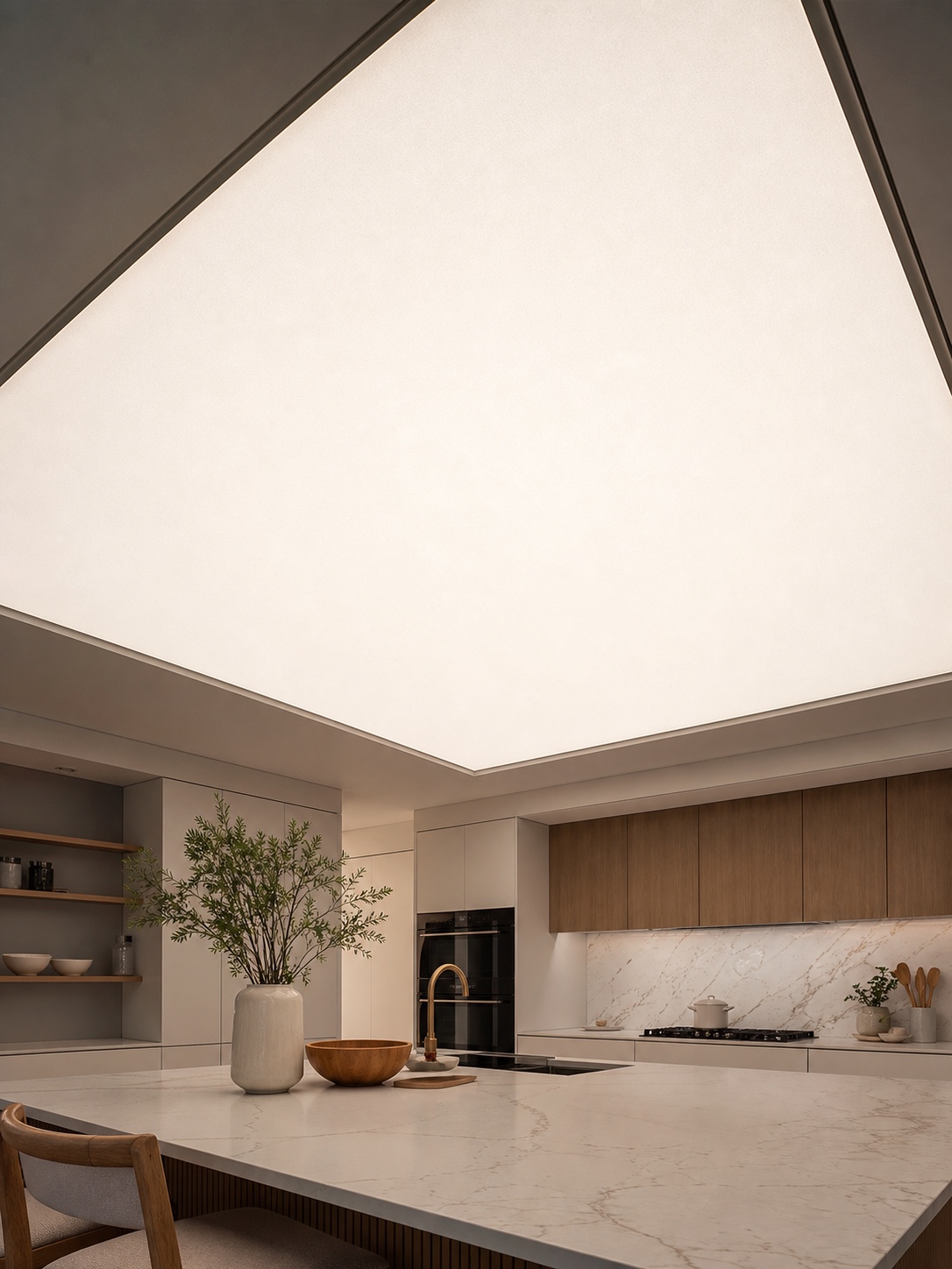 Translucent backlit stretch ceiling glowing evenly above a kitchen island.