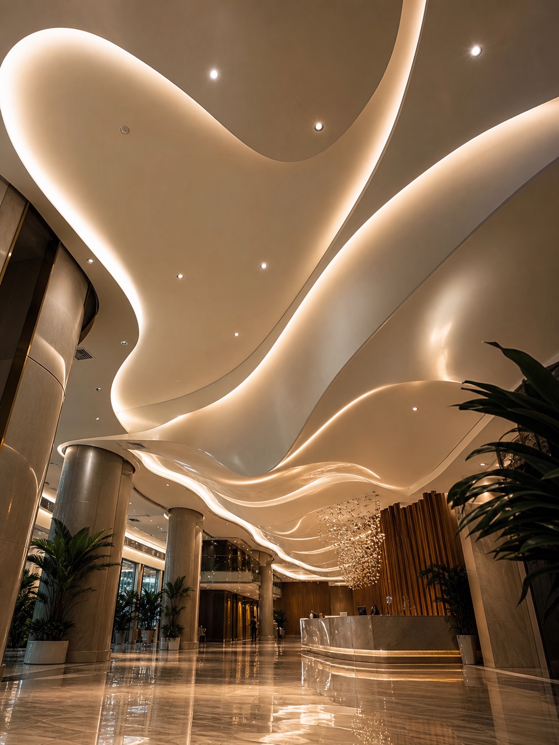 Sculpted wave-shaped stretch ceiling in a hotel lobby.