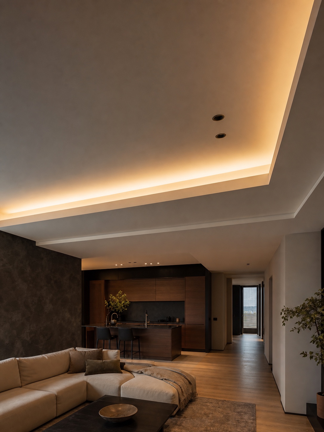 Two level cove living room ceiling shown as a stretch ceiling design reference.