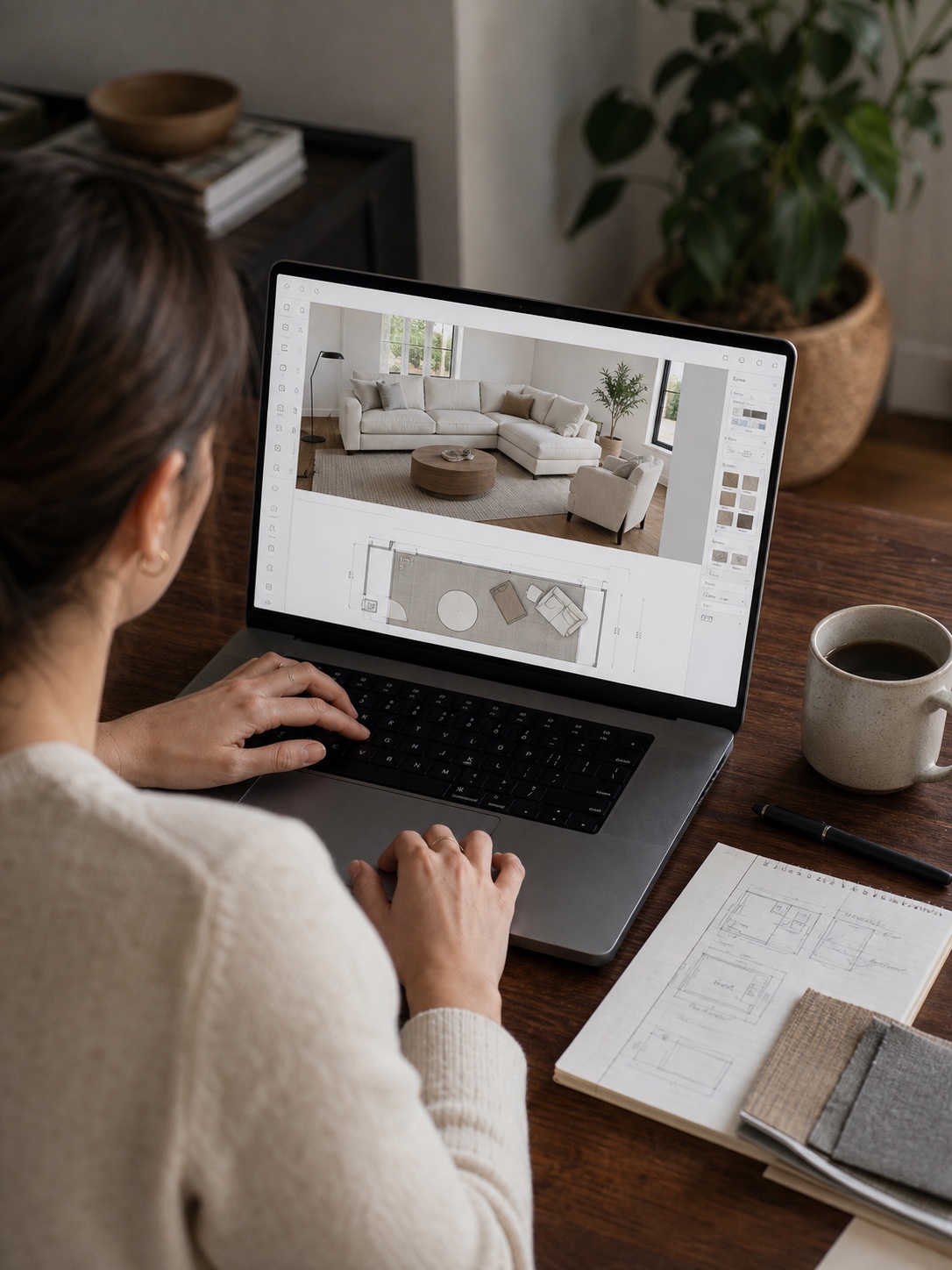 3D Room Planning Sofa Preview on Laptop A designer reviews a sofa configuration in a 3D room planning tool on a laptop. | Sky Rye Design A designer reviews a sofa configuration in a 3D room planning tool on a laptop.