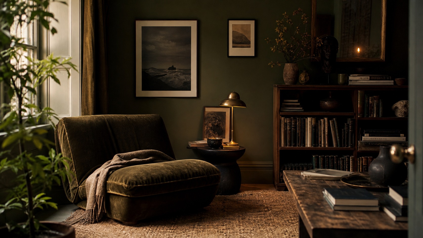 Rule 2 mood and character Interior design principles mood board scene with deep olive reading room, layered textiles, and warm character | Sky Rye Design Interior design principles mood board scene with deep olive reading room, layered textiles, and warm character