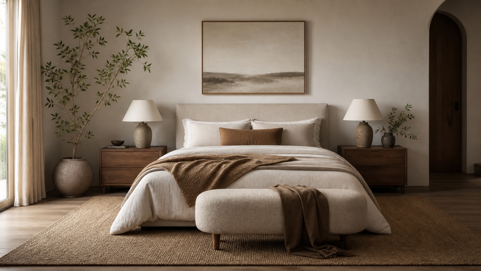 Rule 3 symmetry and balance Interior design balance example with symmetrical bedroom lamps, centered bed, and soft natural materials | Sky Rye Design Interior design balance example with symmetrical bedroom lamps, centered bed, and soft natural materials