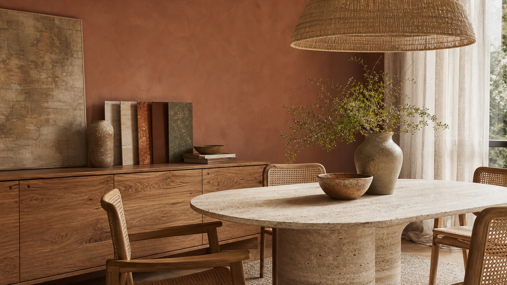 Rule 4 color and texture Interior design color and texture rule shown with terracotta wall, travertine table, rattan chairs, and linen curtains | Sky Rye Design Interior design color and texture rule shown with terracotta wall, travertine table, rattan chairs, and linen curtains