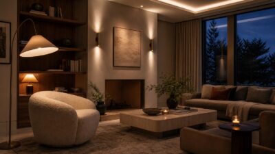 Layered lighting interior design example with ambient ceiling light, task lamp, sconces, and warm accent glow