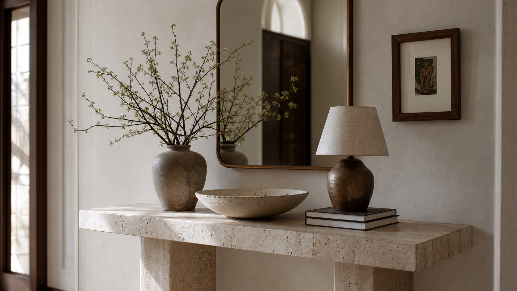 Rule 6 intentional details Interior decorating details example with edited console table, mirror, ceramic bowl, lamp, branches, and negative space | Sky Rye Design Interior decorating details example with edited console table, mirror, ceramic bowl, lamp, branches, and negative space