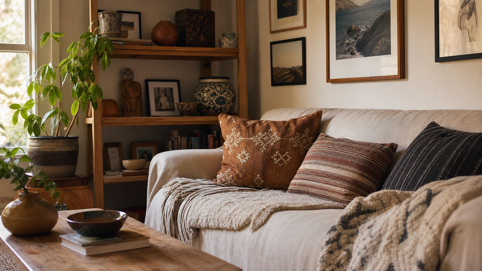 Rule 7 personal objects Personal interior design example with sofa, framed art, handmade ceramics, plants, textiles, and loved objects | Sky Rye Design Personal interior design example with sofa, framed art, handmade ceramics, plants, textiles, and loved objects