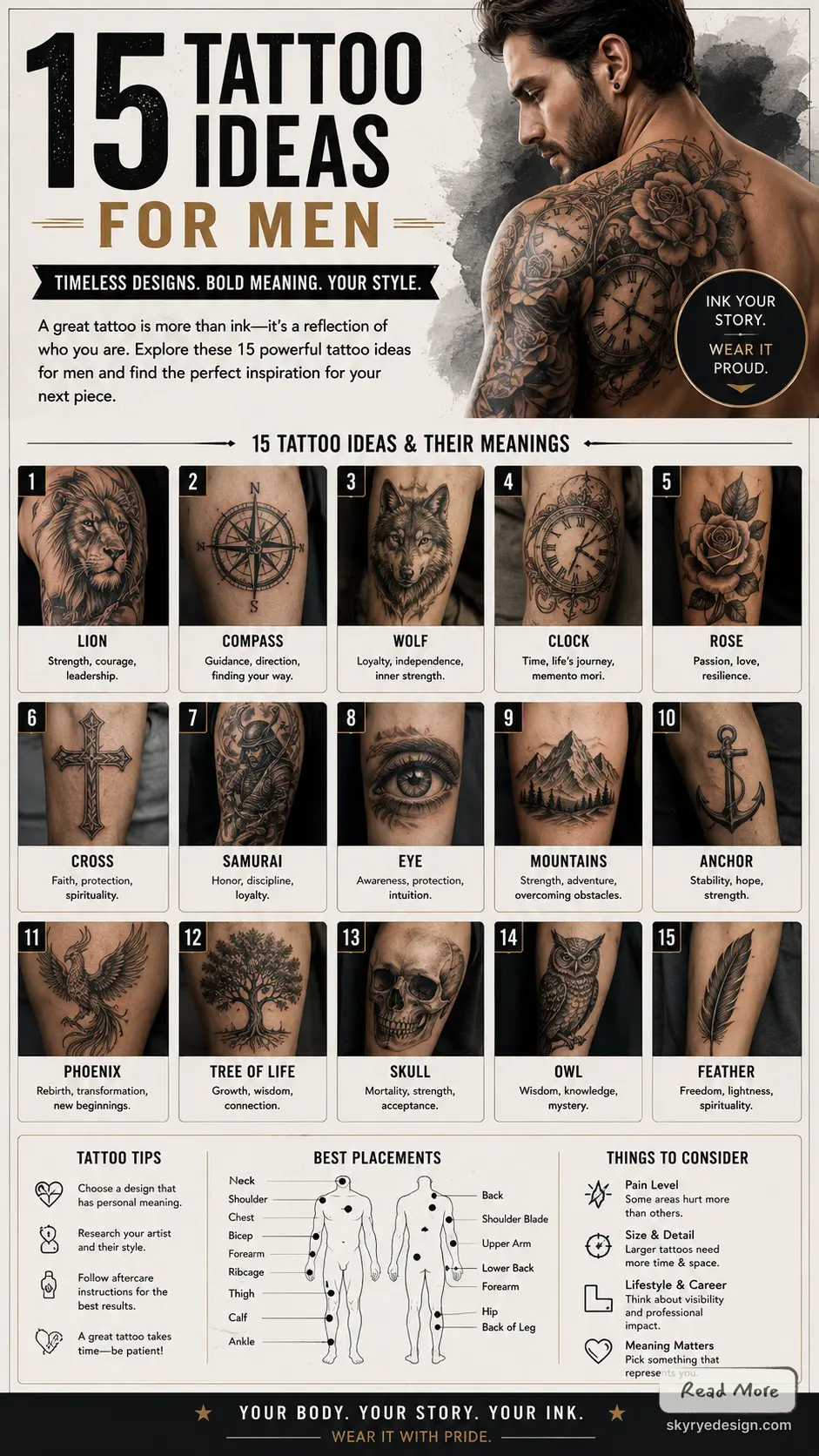 Infographic: 15 tattoo ideas for men — popular designs, meanings and placement tips, featuring lion, compass, wolf, clock.