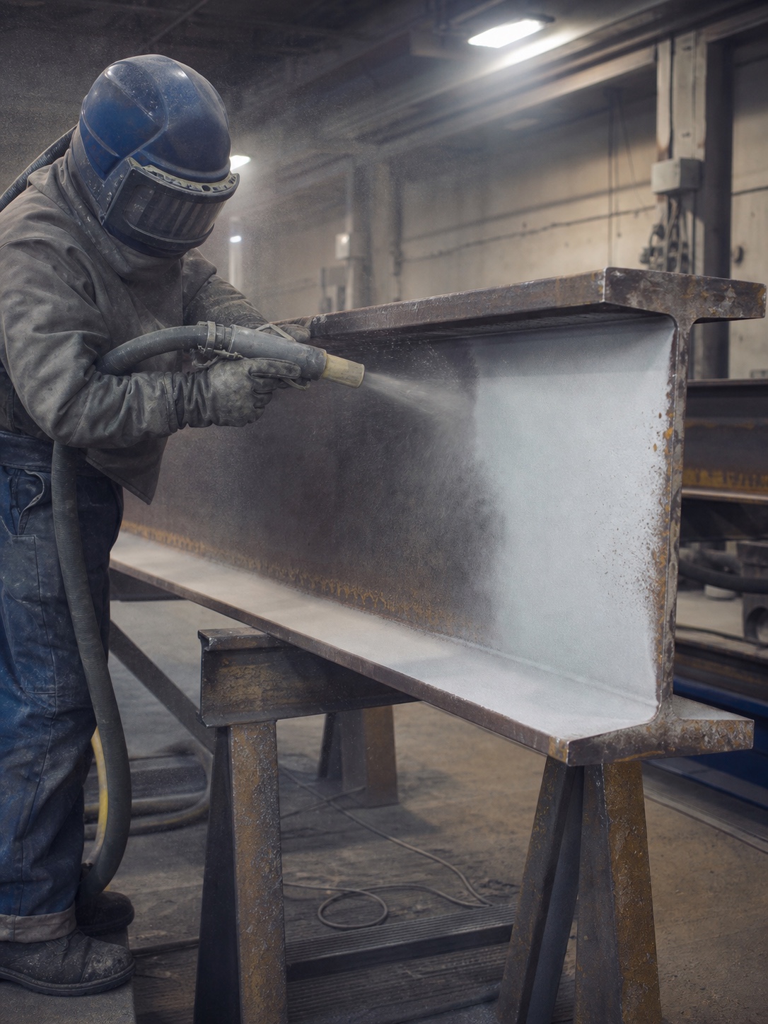 Abrasive Blasting Steel Surface Near-White Worker abrasive-blasting a steel beam to a near-white metal surface preparation grade. | Sky Rye Design Worker abrasive-blasting a steel beam to a near-white metal surface preparation grade.
