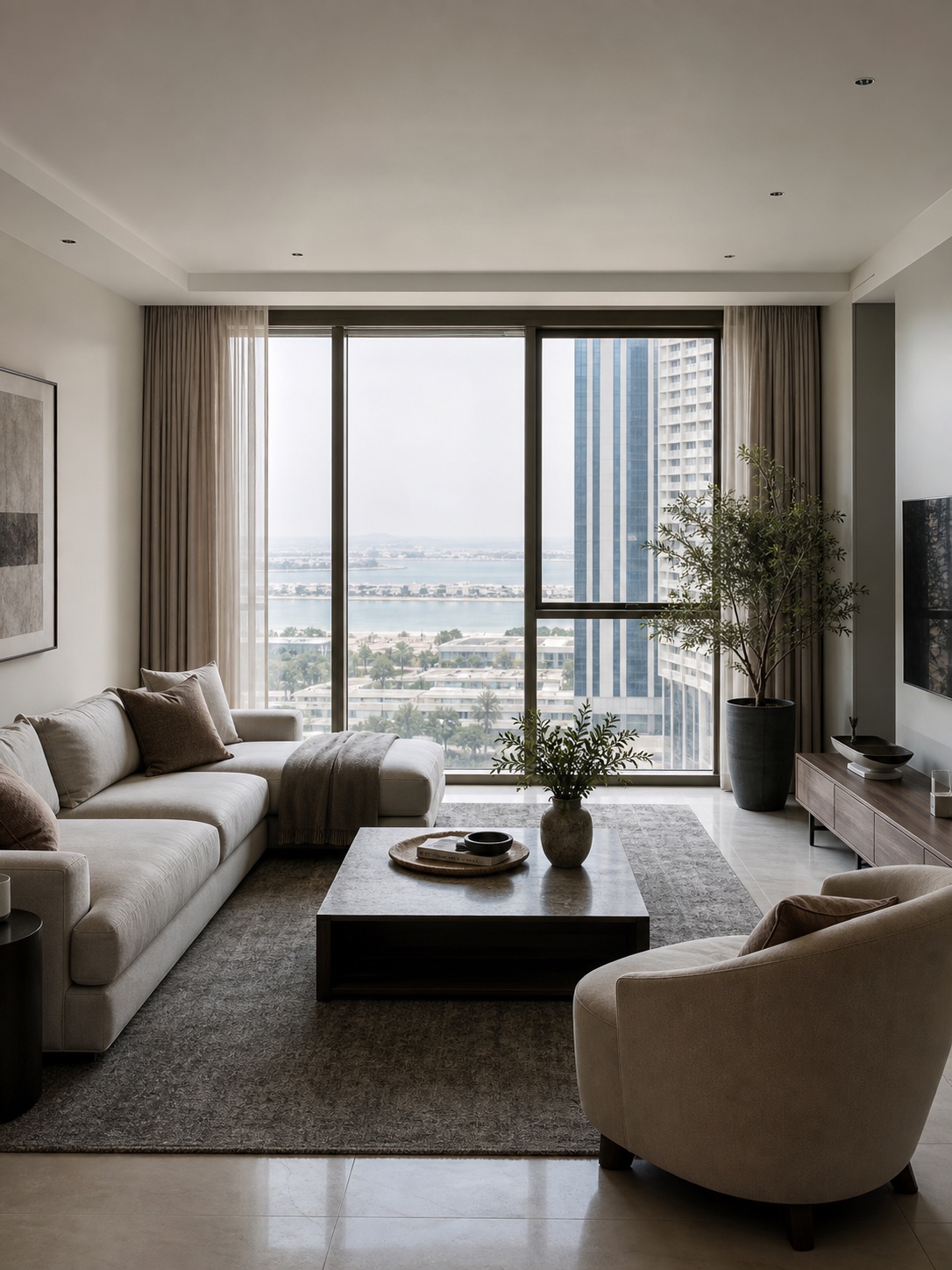 Realistic Abu Dhabi apartment living room with north-facing diffuse daylight