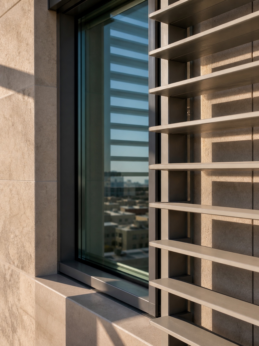 High-performance residential window with aluminium brise-soleil shading fins in Abu Dhabi