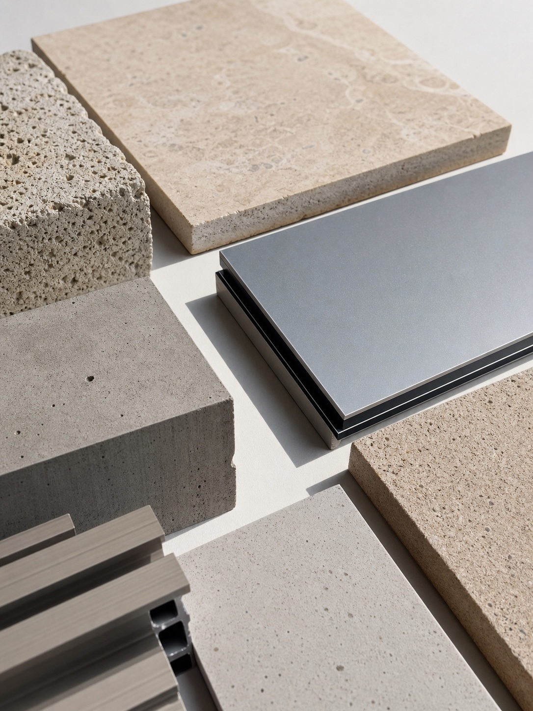 Exterior building facade material samples including stone, aluminium composite, and concrete