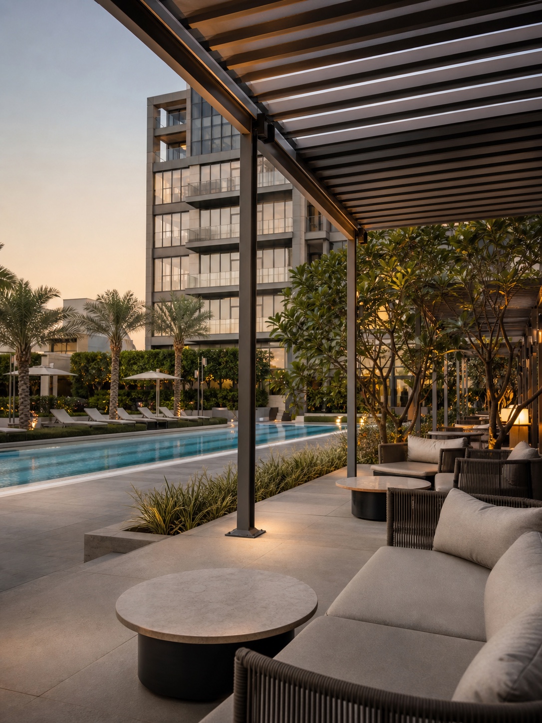 Luxury Abu Dhabi residential pool deck with shaded pergola seating and landscaping
