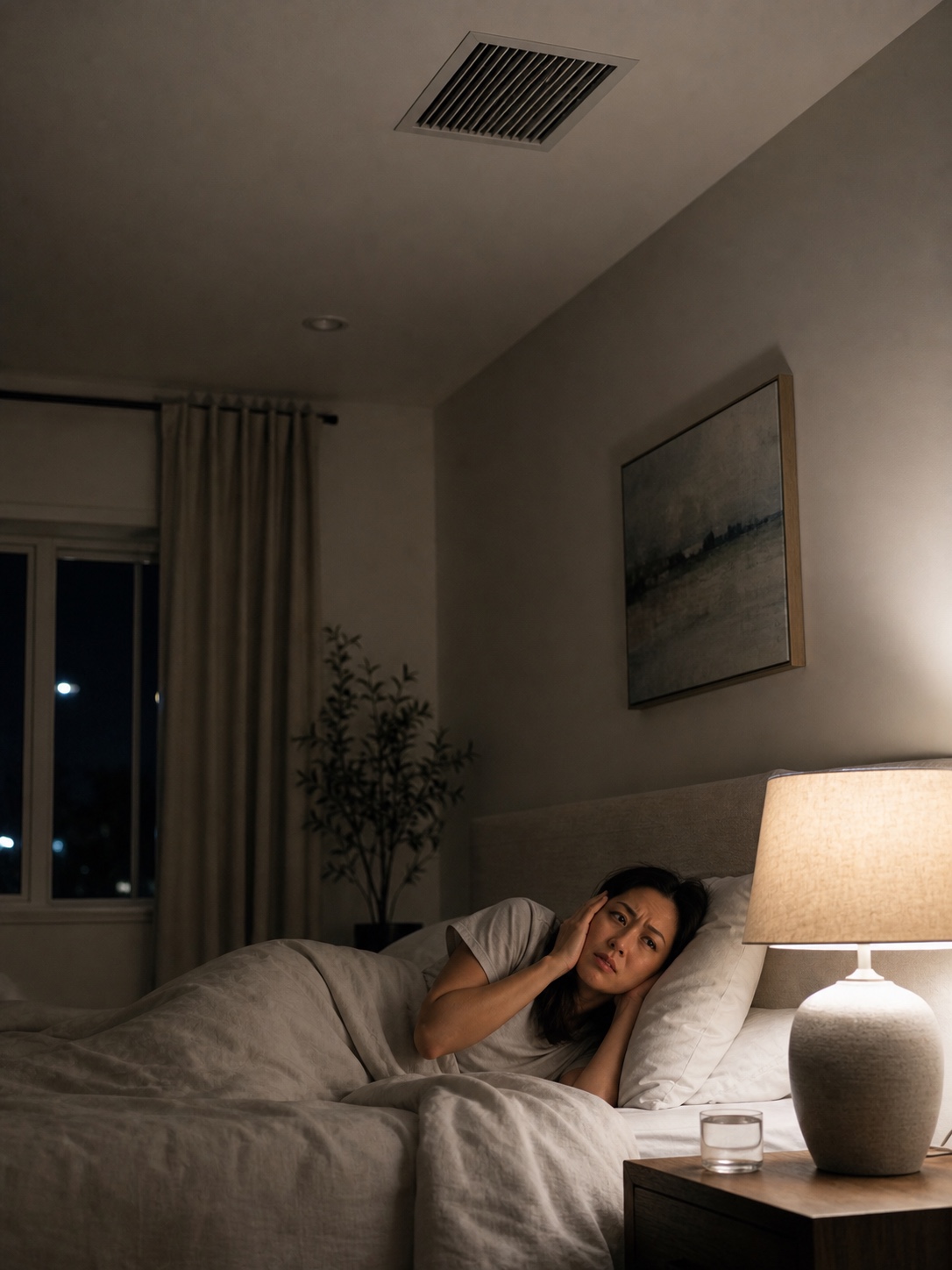 A person lying awake in a quiet bedroom while an AC vent runs overhead.