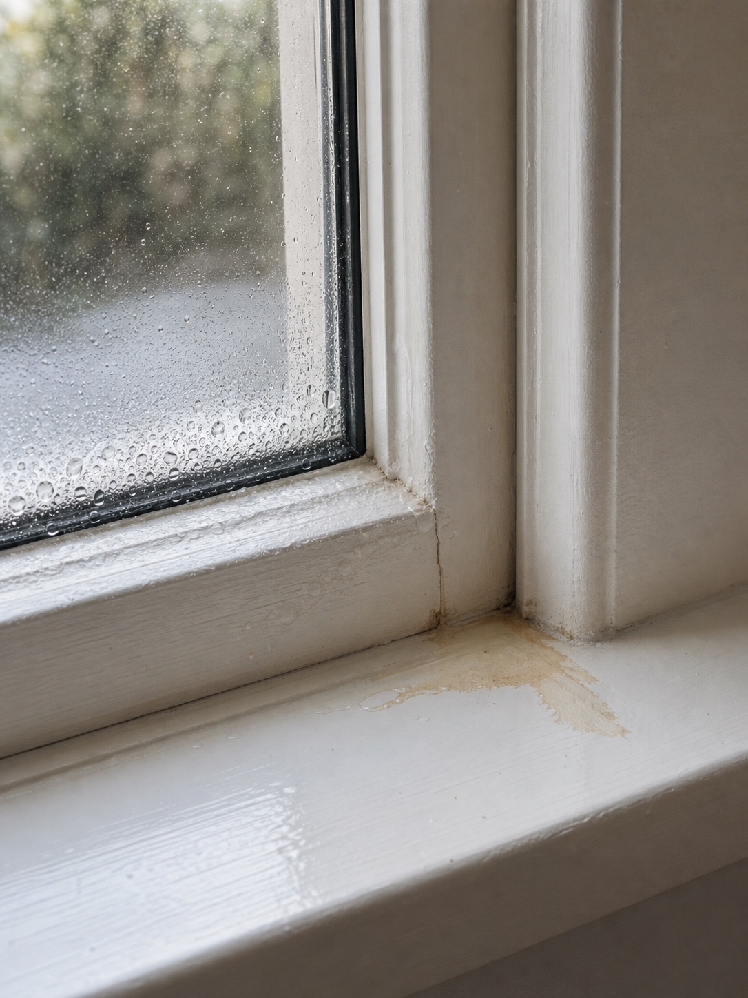 Condensation and early water staining on a painted timber windowsill.