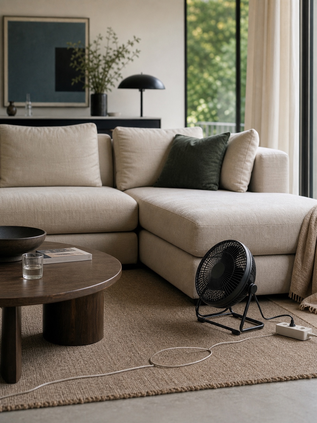 A portable fan and extension cord disrupting a polished living room design.