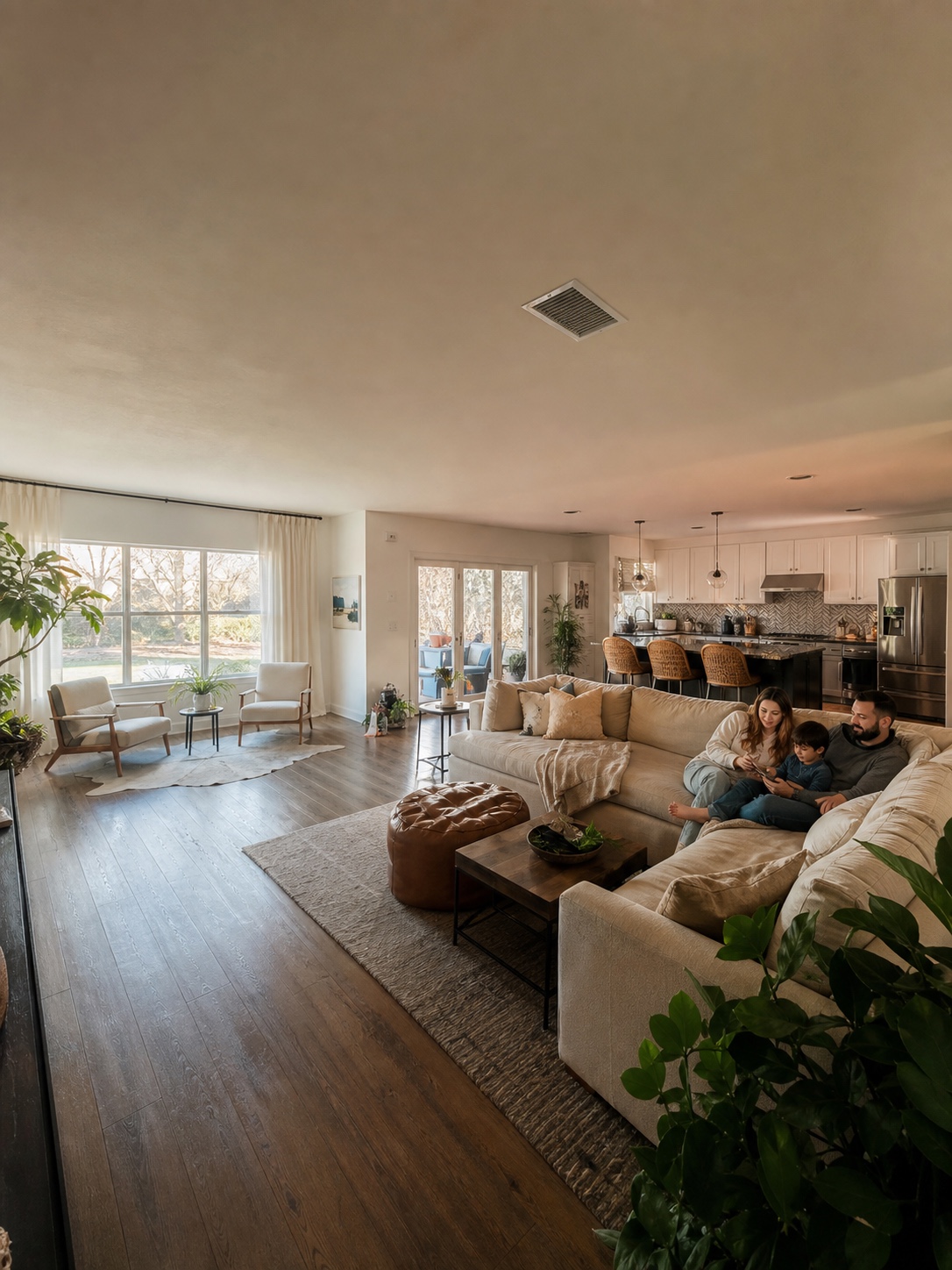 An open-plan living room where seating has shifted away from a warm window zone.