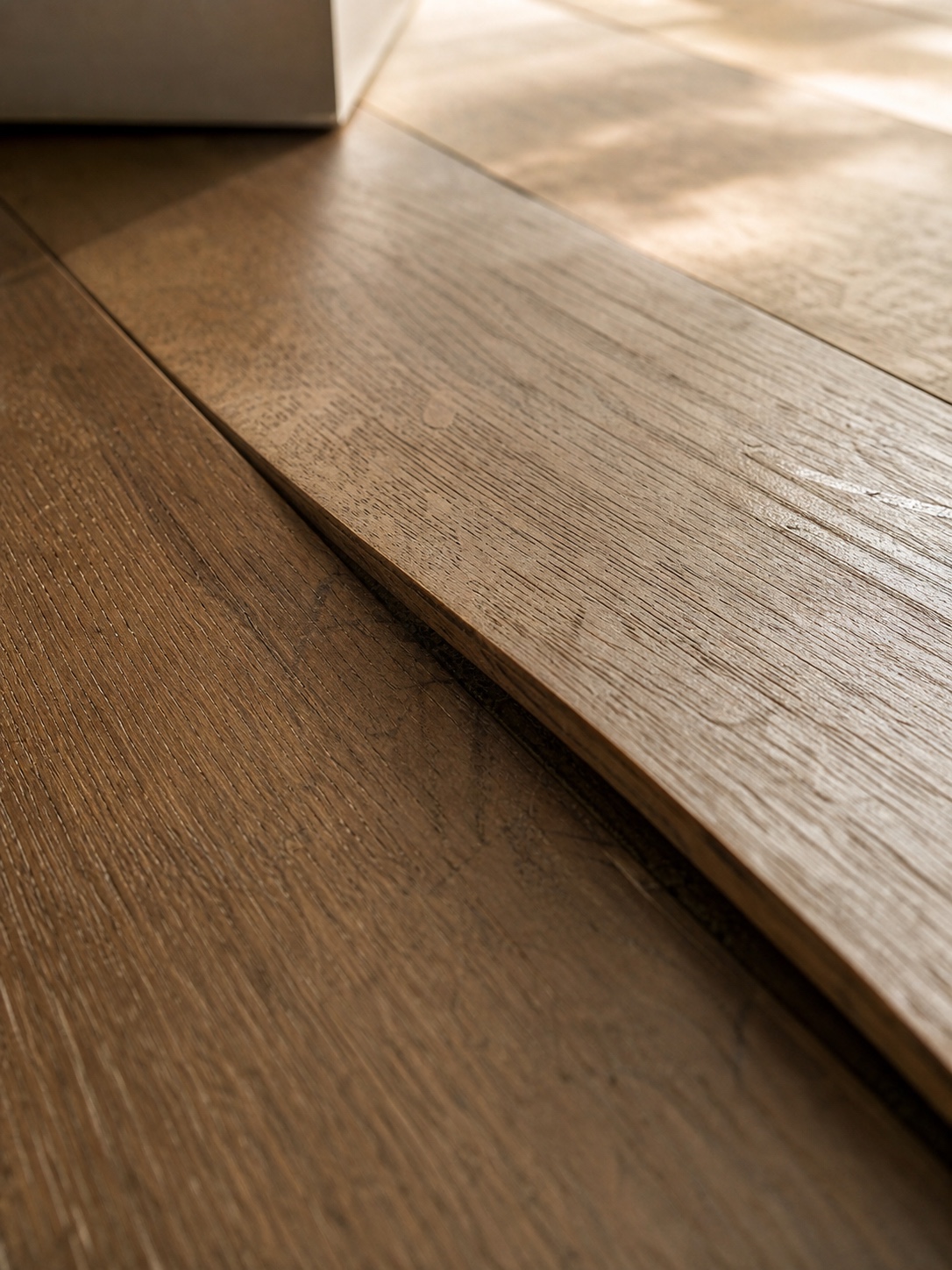 A close-up of timber floorboards cupping from sustained indoor humidity.