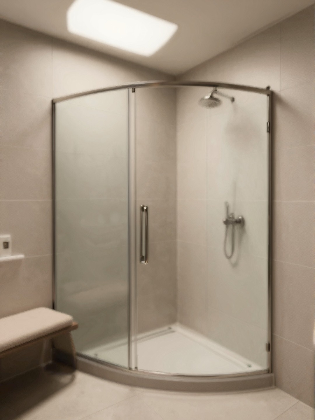 Accessible bathroom for 55+ homes with curbless shower, bench, handheld shower, and discreet grab bars.