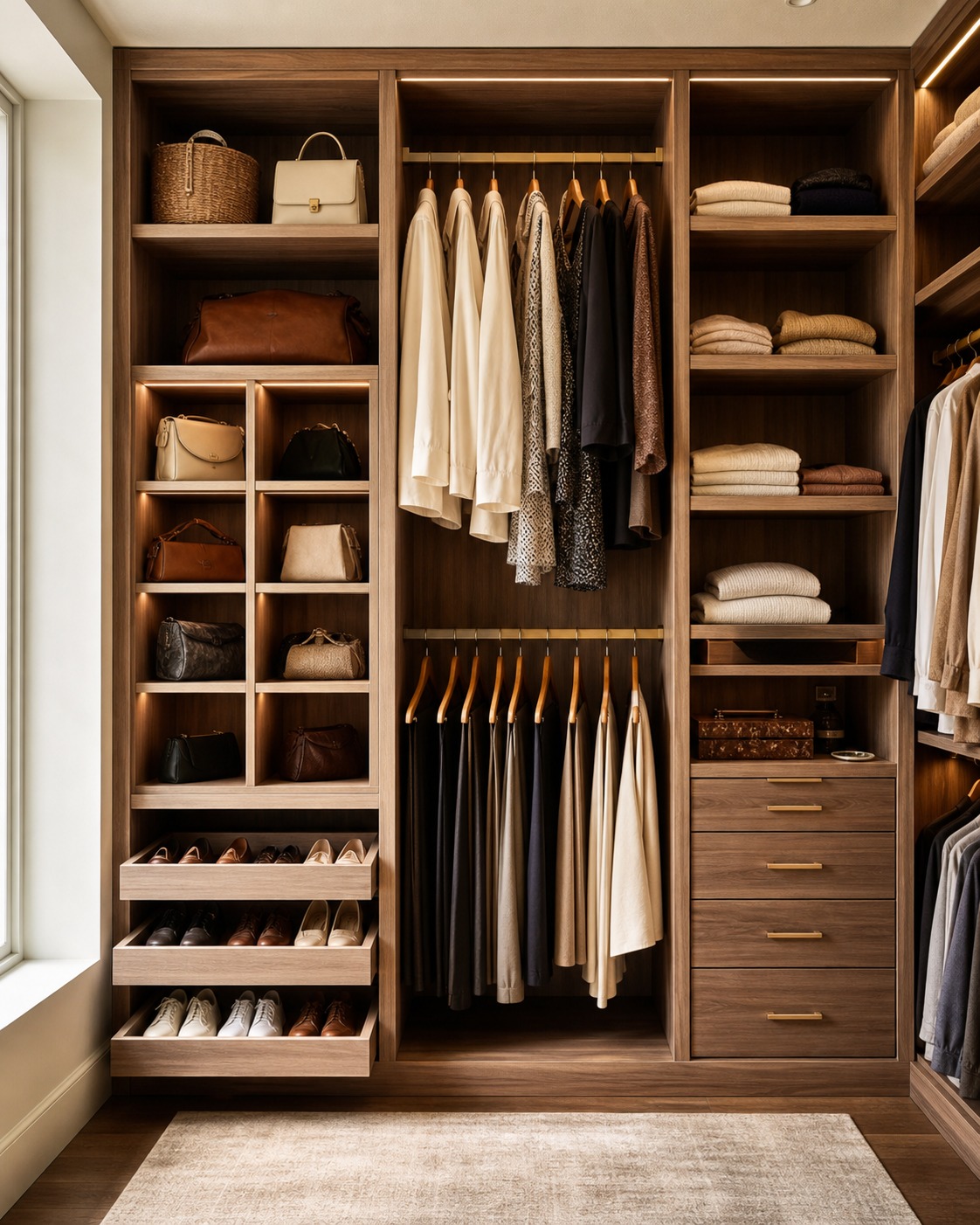 Accessible wardrobe layout with open shelves, shoe trays, handbag cubbies, and everyday outfits at eye level.