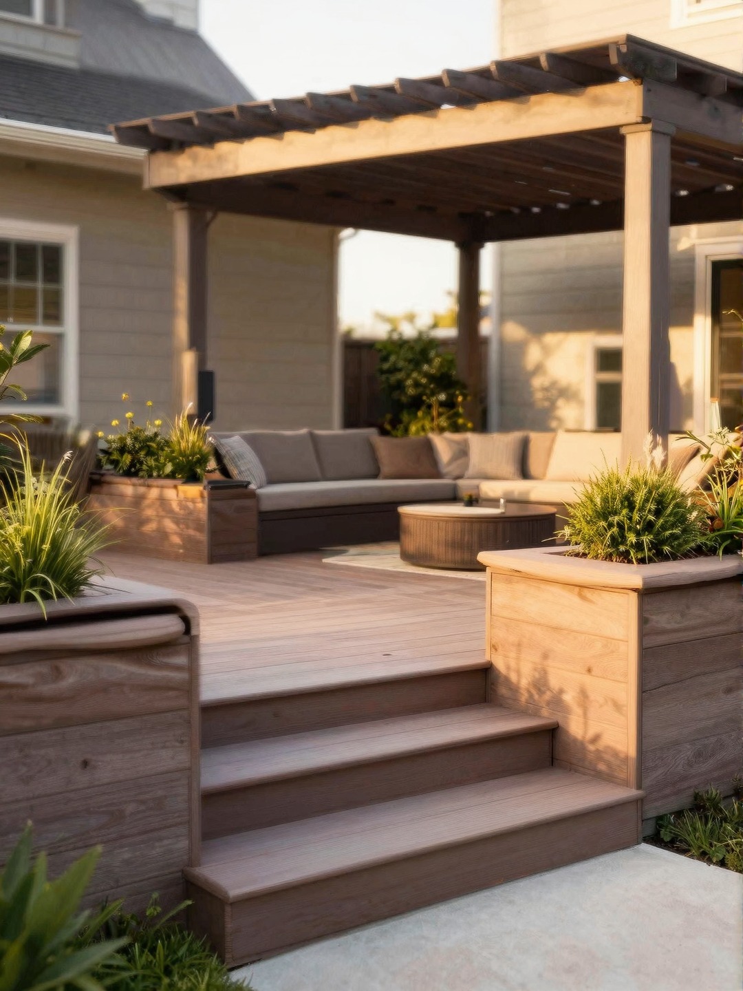 Active adult home design with no-step covered patio, composite decking, raised planters, and low-maintenance seating.