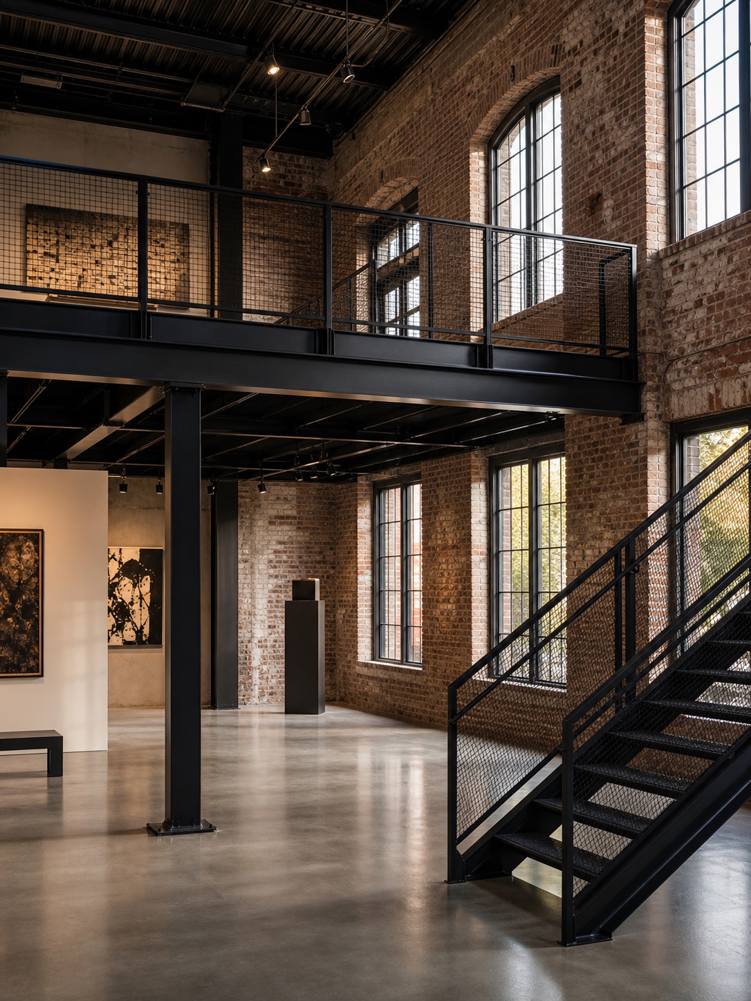 Adaptive Reuse Coated Steel Mezzanine Adaptive reuse gallery interior with black coated steel mezzanine, stairs, and guardrails inside an old brick shell. | Sky Rye Design Adaptive reuse gallery interior with black coated steel mezzanine, stairs, and guardrails inside an old brick shell.