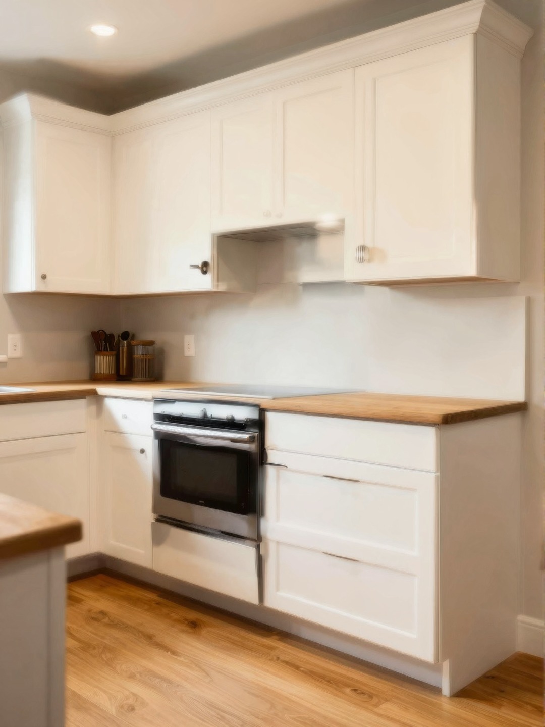Aging in place kitchen design with waist-height oven, drawer storage, task lighting, and easy-grip pulls.