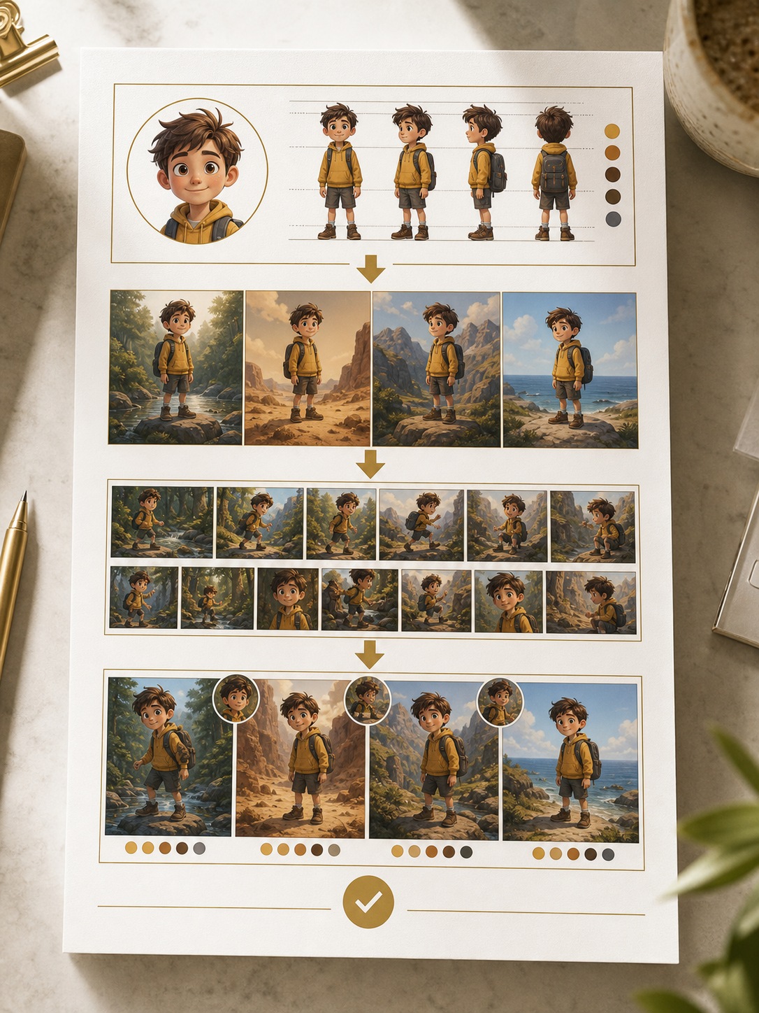 AI Character Generation Workflow Four-stage AI character generation workflow with anchor image, scene variation, sequence review, and manual correction | Sky Rye Design Four-stage AI character generation workflow with anchor image, scene variation, sequence review, and manual correction
