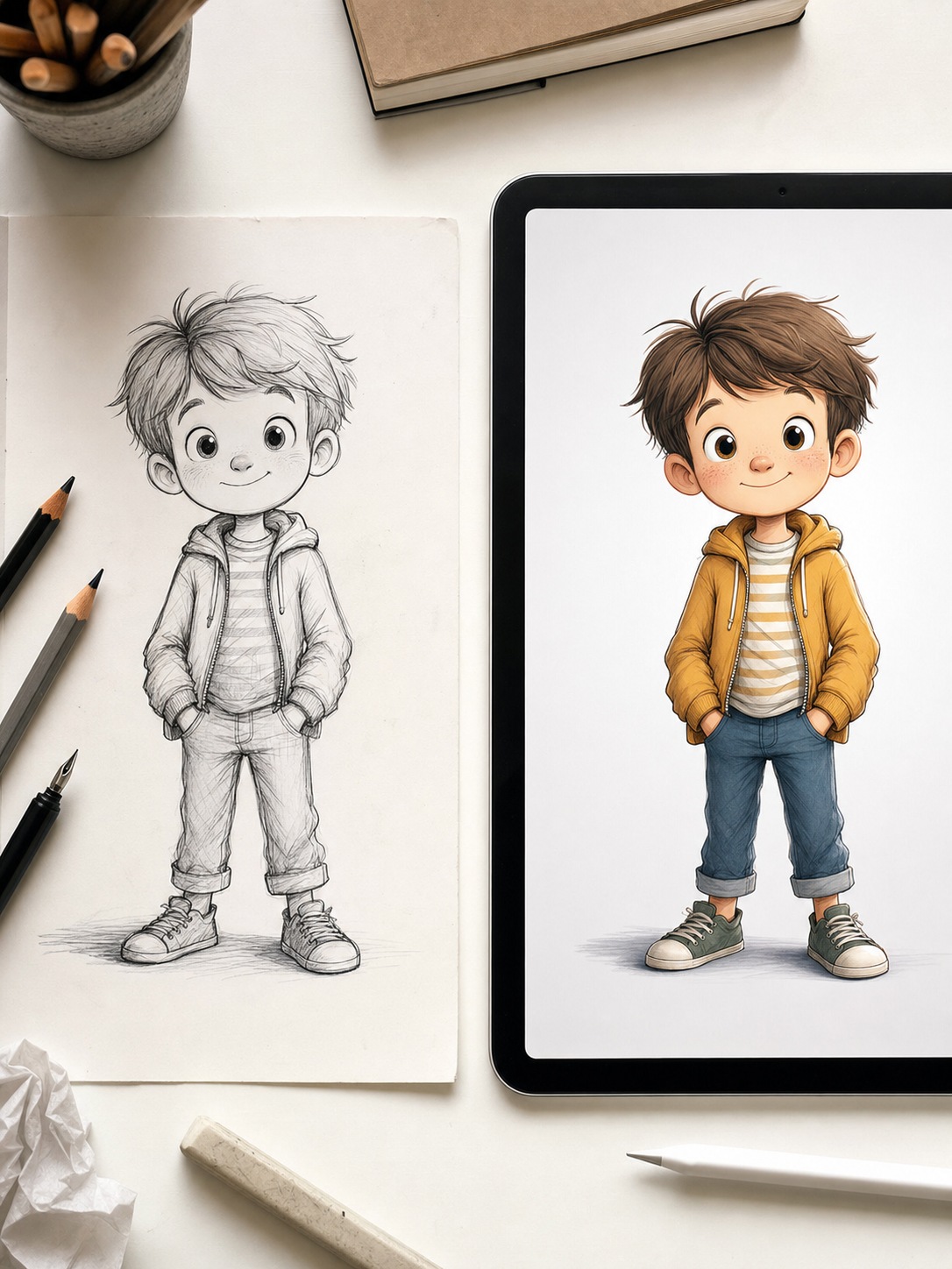 AI vs Traditional Character Illustration Comparison Split-screen comparison of a children's book character drawn by hand and generated digitally | Sky Rye Design Split-screen comparison of a children's book character drawn by hand and generated digitally