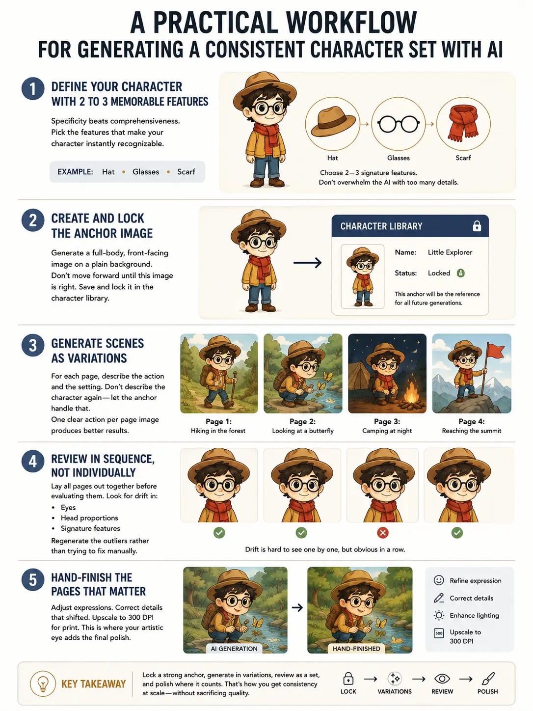 4534fd77-639a-445d-bdc9-bc12deca8f75 Infographic: 5-step AI workflow to build a consistent character set using a locked anchor image and scene variations. | Sky Rye Design Infographic: 5-step AI workflow to build a consistent character set using a locked anchor image and scene variations.
