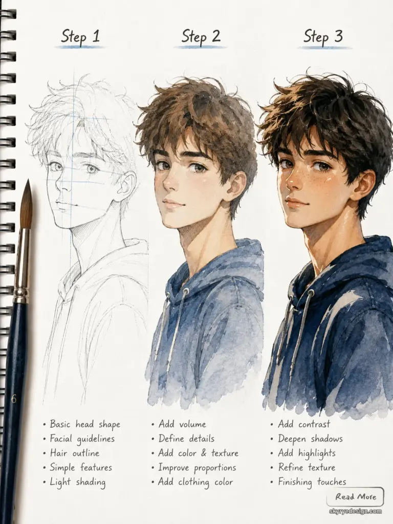 52ad002d-5acb-4d7a-af95-4d074937598f Step-by-step watercolor portrait tutorial: pencil sketch to colored realistic teenage boy in blue hoodie, brush and notes. | Sky Rye Design Step-by-step watercolor portrait tutorial: pencil sketch to colored realistic teenage boy in blue hoodie, brush and notes.