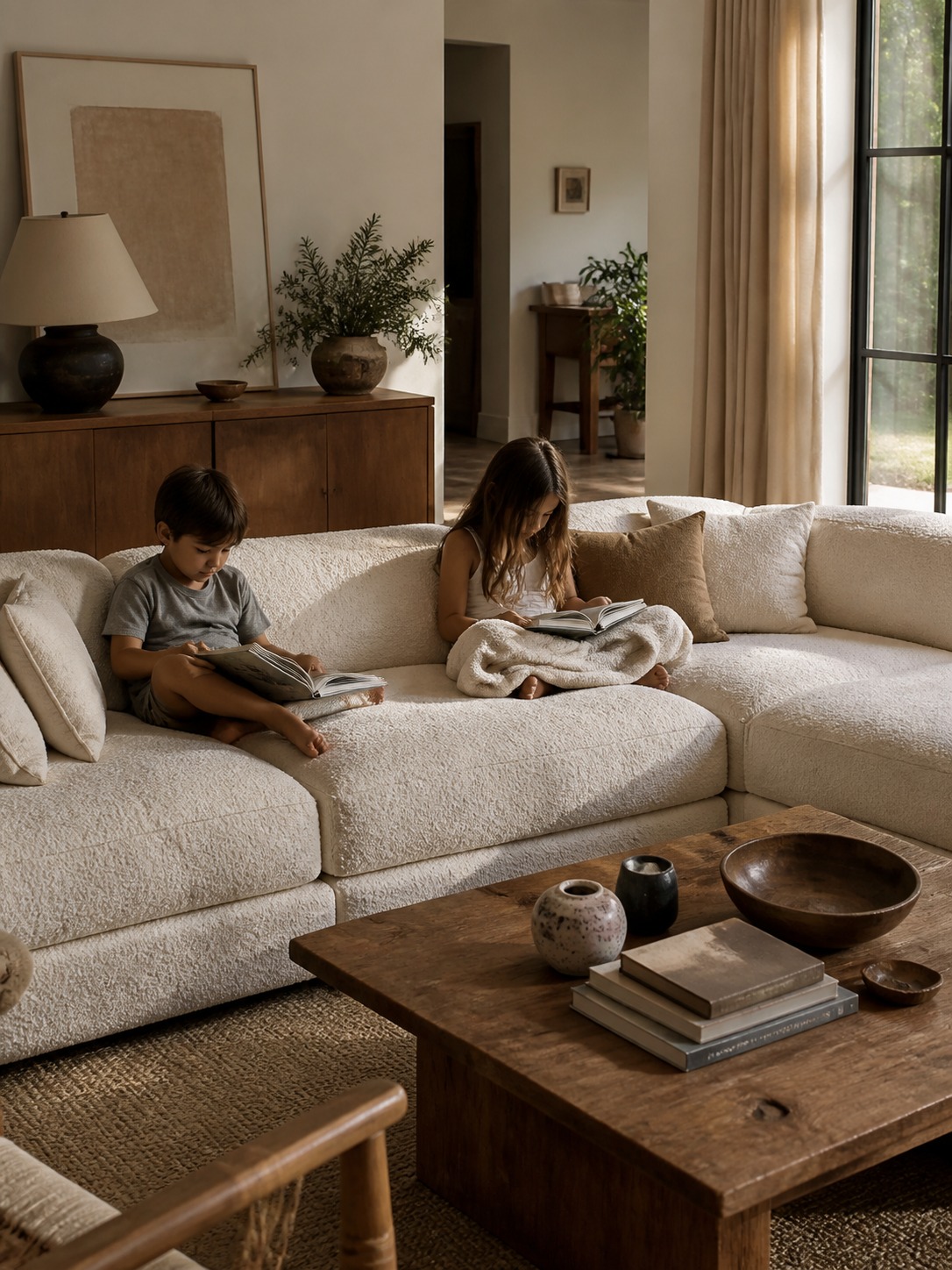 Cream deep-seat modular sofa in a relaxed family living room with children reading nearby.