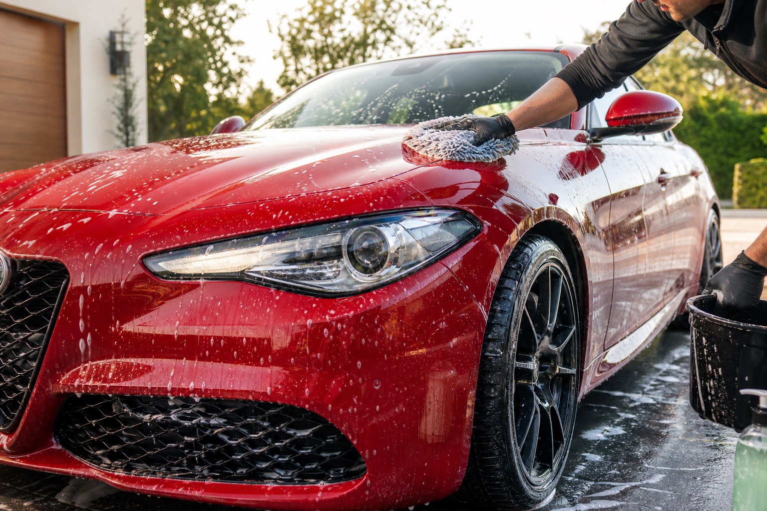 Red Alfa Romeo-inspired sports coupe being hand washed with a microfiber mitt during careful detailing.