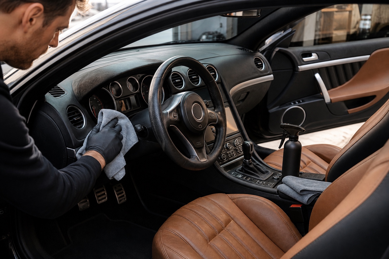 Alfa Romeo-inspired leather interior being cleaned with a microfiber cloth and gentle interior cleaner.
