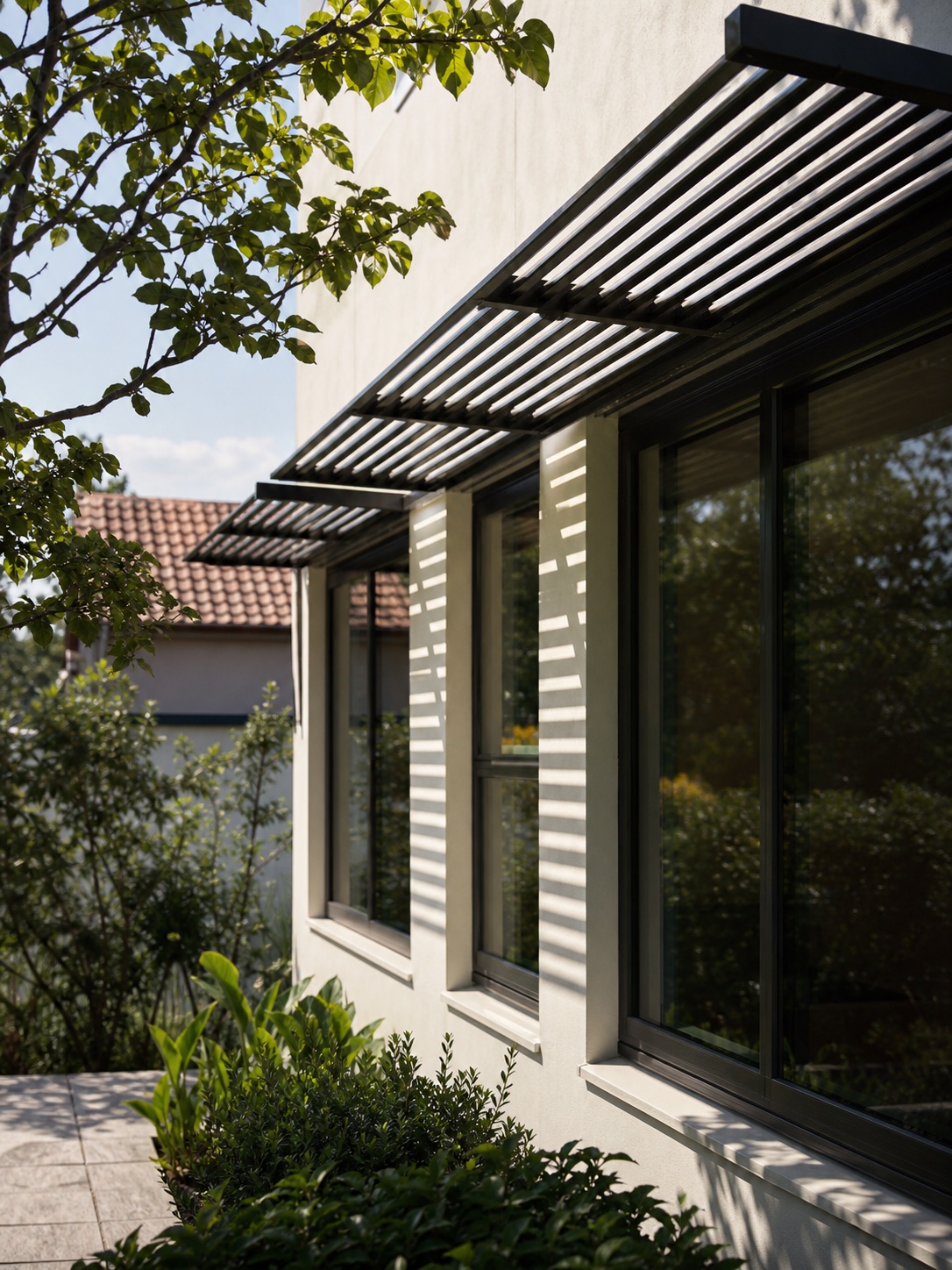 House exterior with aluminium louvre awnings shading large windows and casting soft dappled shadows.