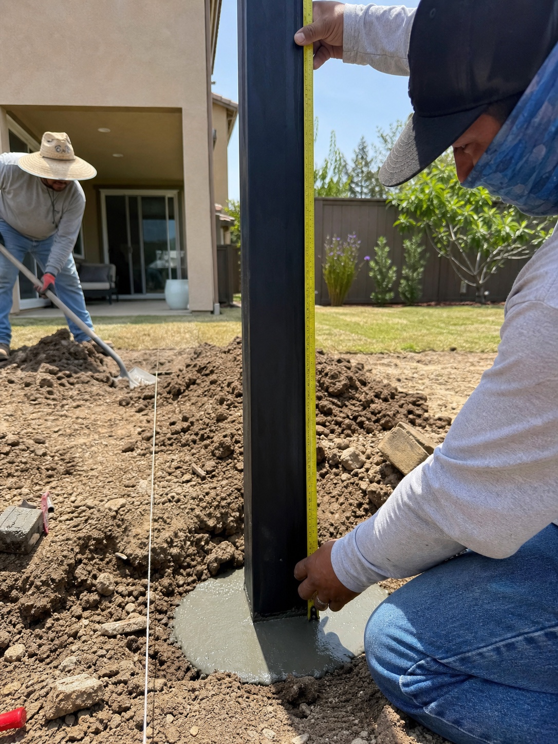 Fence crew setting an aluminum fence post into a concrete footing