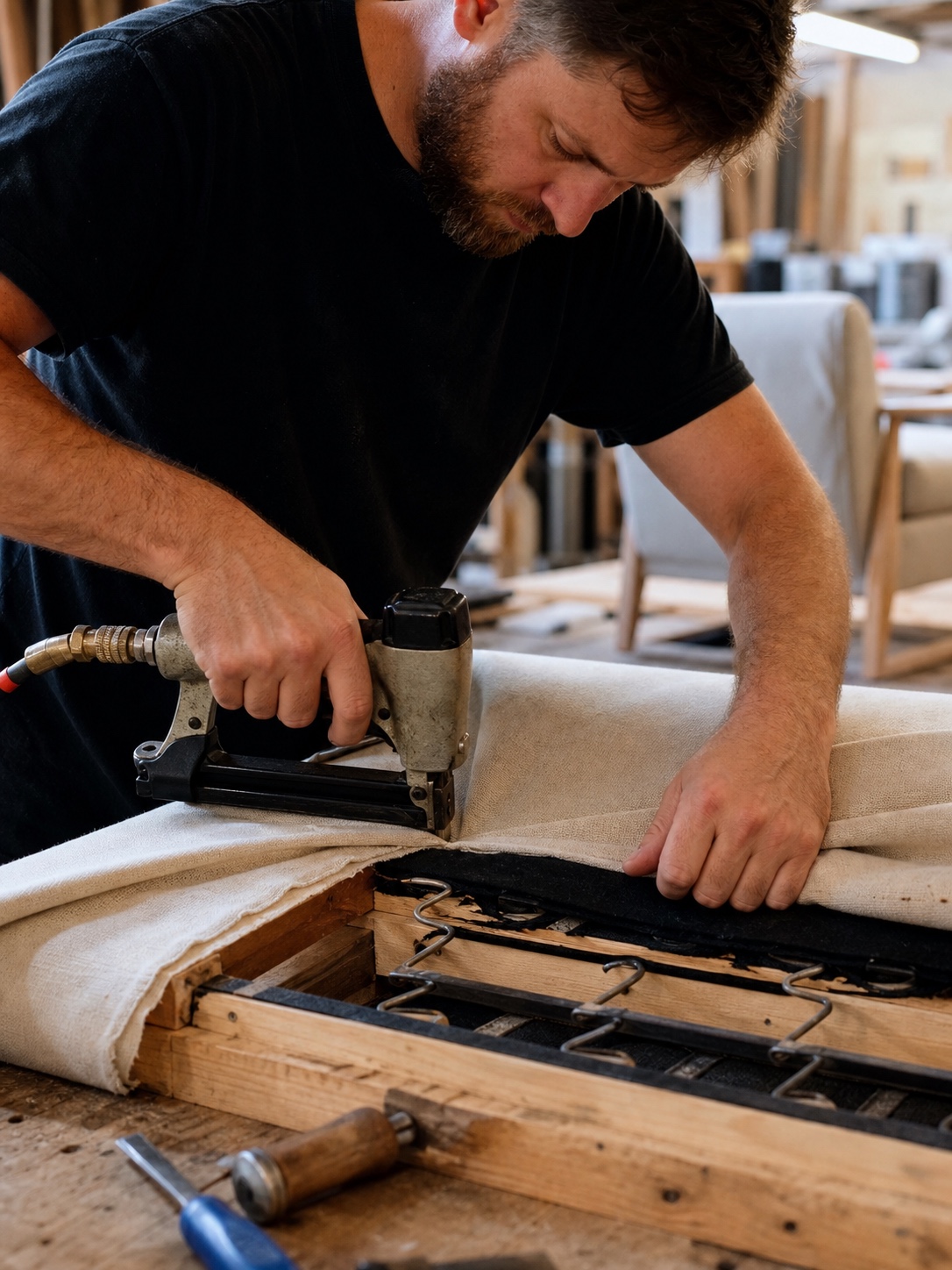 Craftsman pulling upholstery fabric taut on a sofa frame